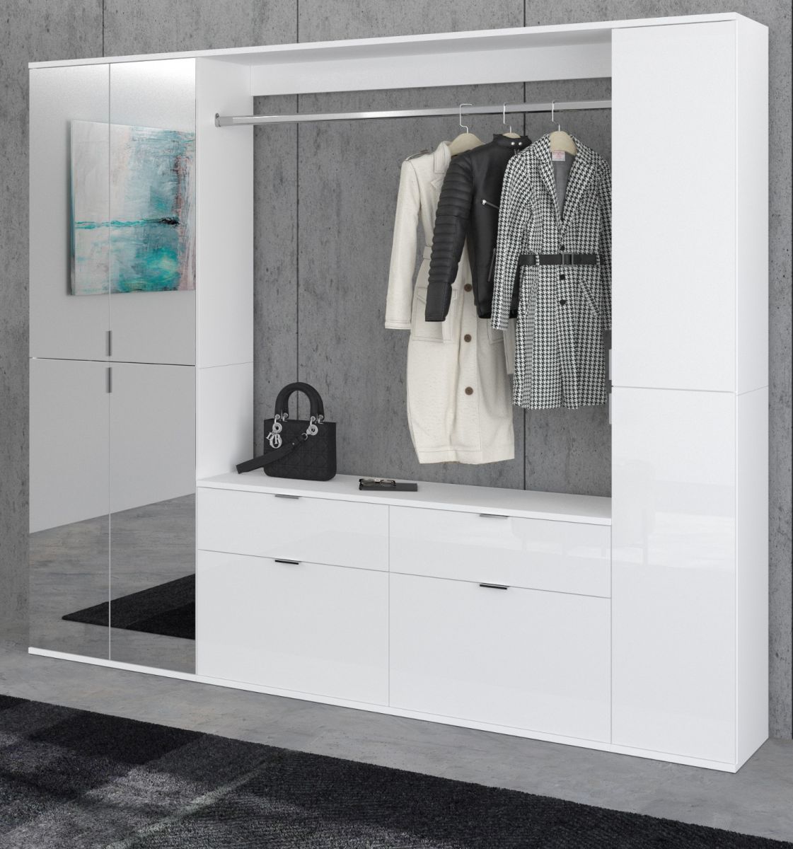 Garderobenschrank SystemX in weiss Hochglanz Flurgarderobe mit Spiegeltr 212 x 193 cm