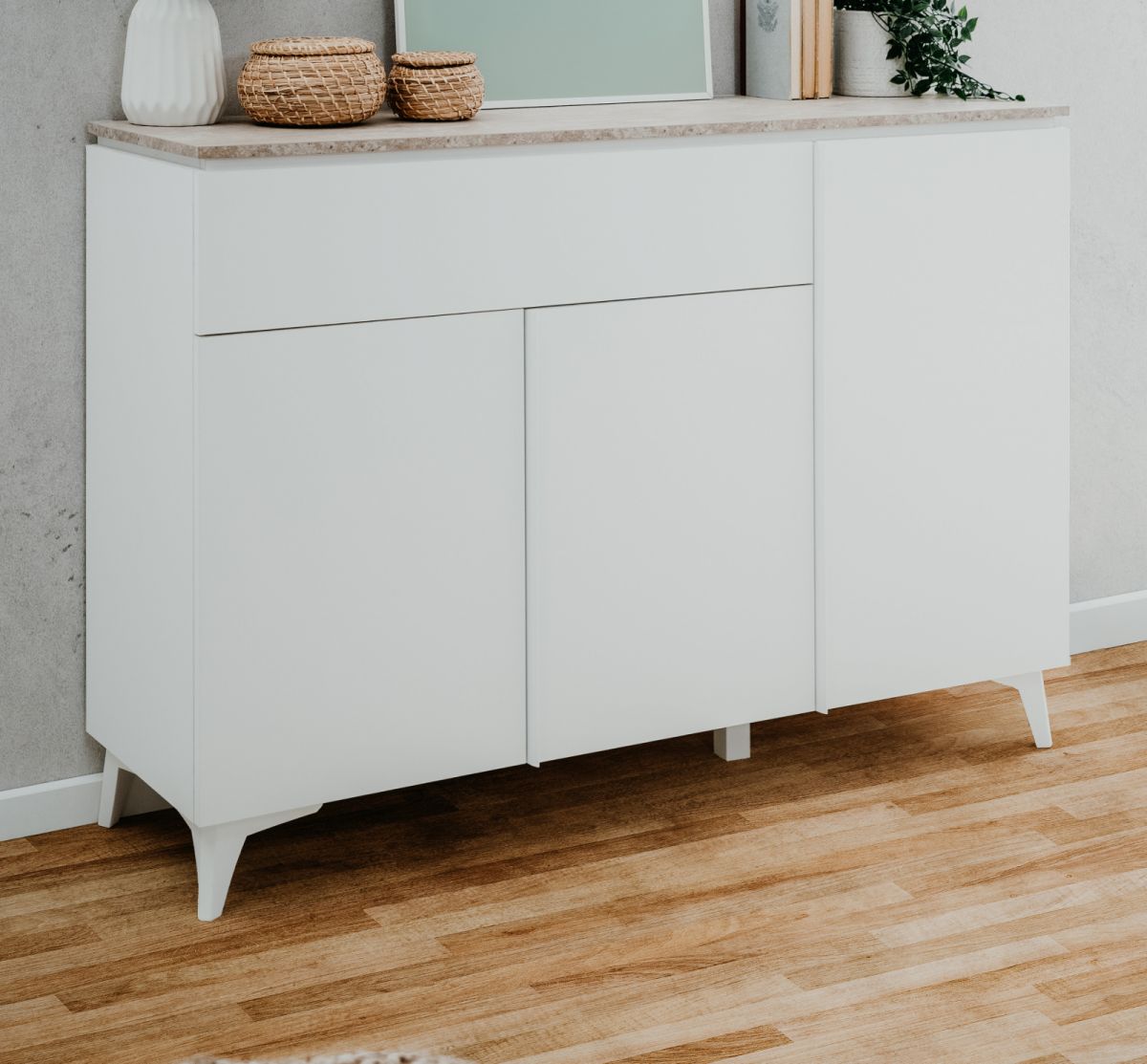 Sideboard Visby in weiss und Sandstein Wohn- und Esszimmer Kommode 133 x 92 cm