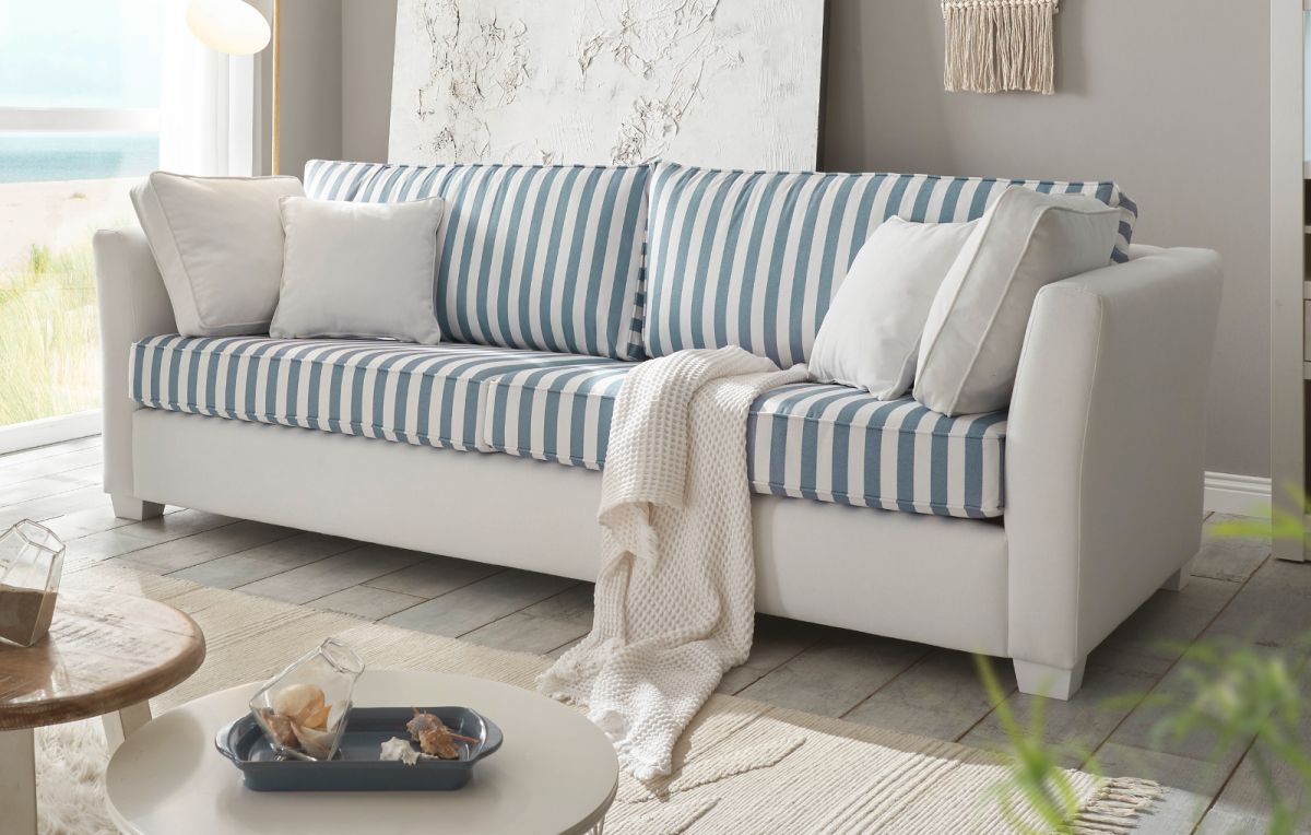 Sofa Hooge in creme und blau Landhaus Wohnzimmer Couch 2-5-Sitzer 200 cm