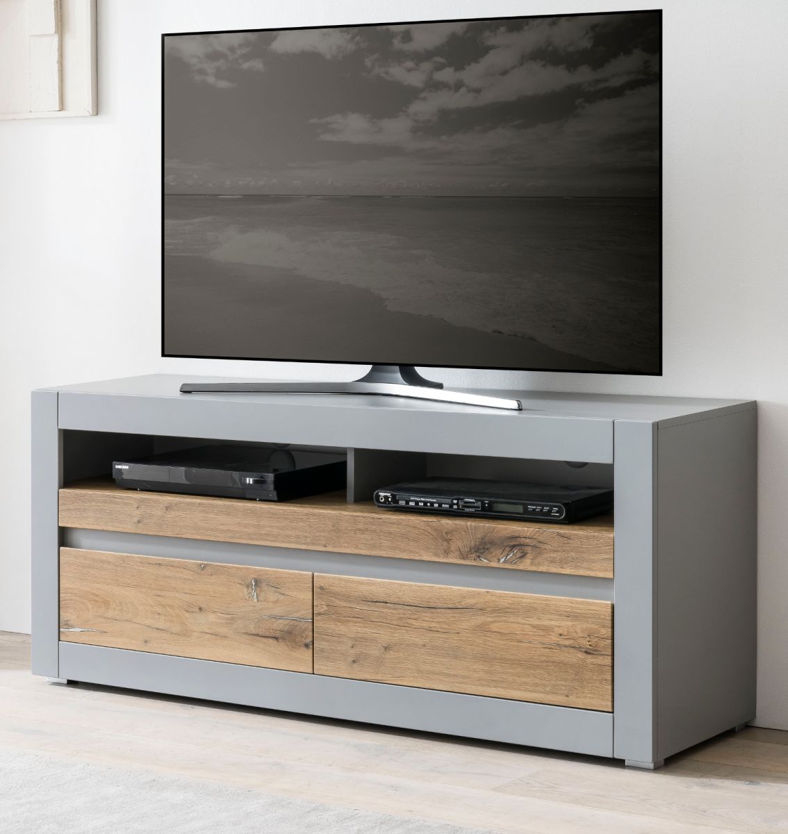 TV-Lowboard Tamaris in Platingrau matt und Zinneiche TV Unterteil mit Komforthhe 150 x 63 cm
