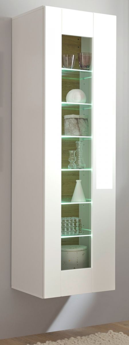 Vitrine Savanna in weiss Hochglanz und Grandson Eiche Vitrinenschrank hngend - stehend 45 x 166 cm